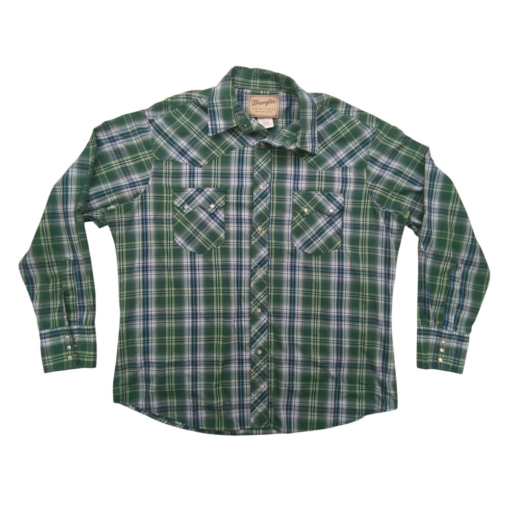 Wrangler Shirt Mens XL Snap Western Green Plaid Pearl Snap Pockets WM125GN Rodeo